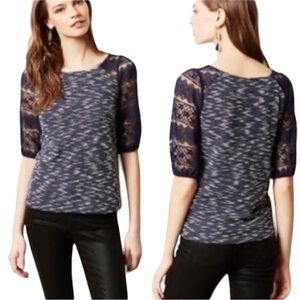 Anthropologie Postmark Navy Heather Knit Lace Sleeve Top, size Small